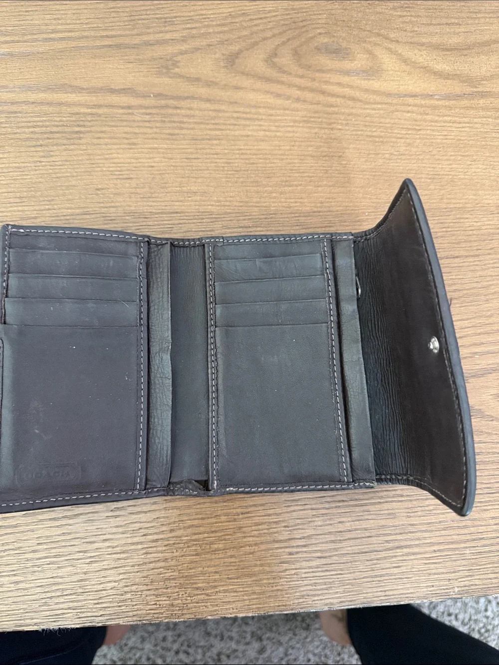 Coach Signature Canvas Trifold Wallet in Khaki and Dark Brown